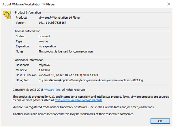 VMware Workstation Player 14.1.1 Build 7528167 Commercial